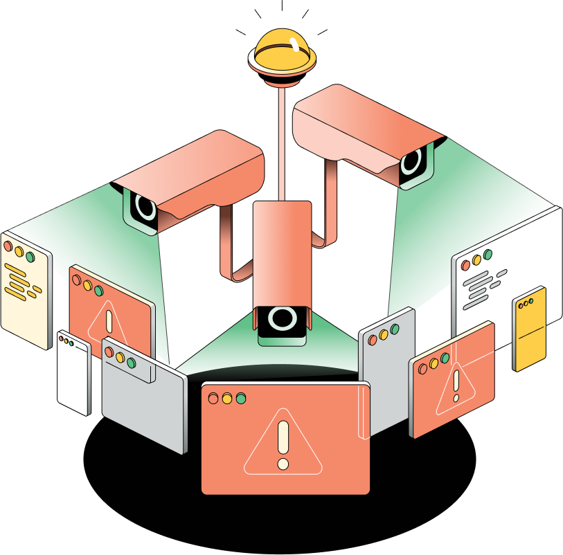 Error reporting illustration showing several cameras looking for an error